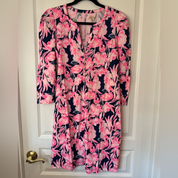 Lilly Pulitzer Marlee Inky Navy Flamingle Pink and Navy Floral Dress L NWT - Picture 1 of 8
